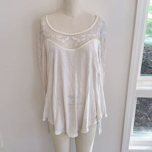 Cream Long Sleeve Jersey Top w/ Mesh Embroidery